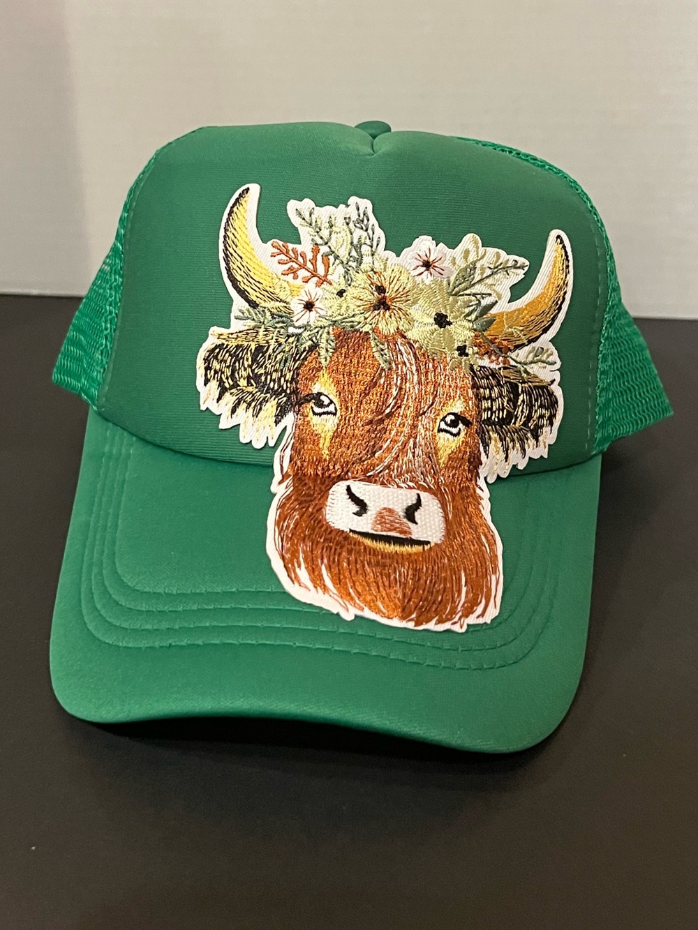 Green Trucker Hat with Floral Highland Cow embroidered Patch. New. Custom made